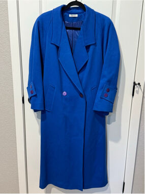 Women's PORTRAIT Vibrant Blue Wool Double-Breasted Long Coat Lined Back Belt